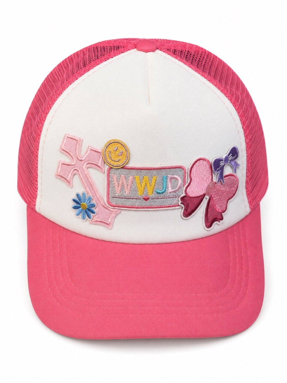 Hand Crafted Pink and White Girls' 'WWJD' Embroidered Trucker Hat